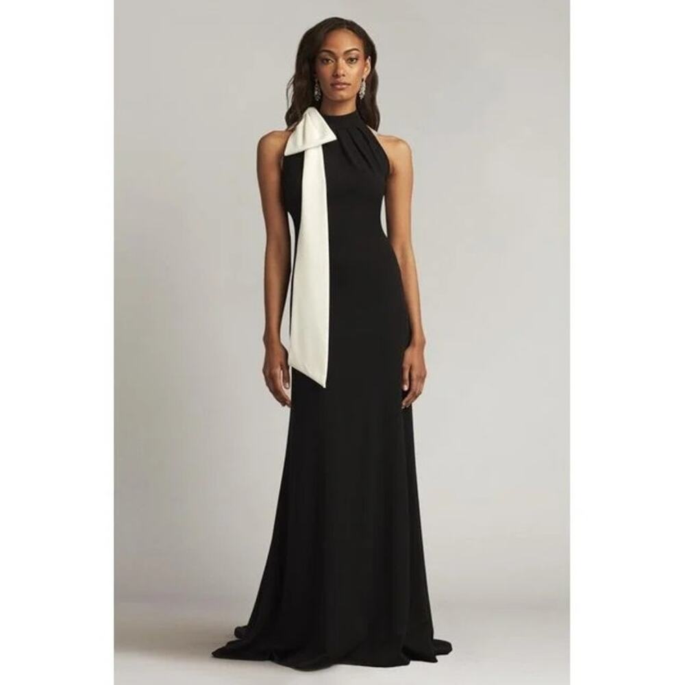 Tadashi‎ Shoji Sims Black/White Shoulder Bow Halter Gown, Black Tie, Wedding, XL